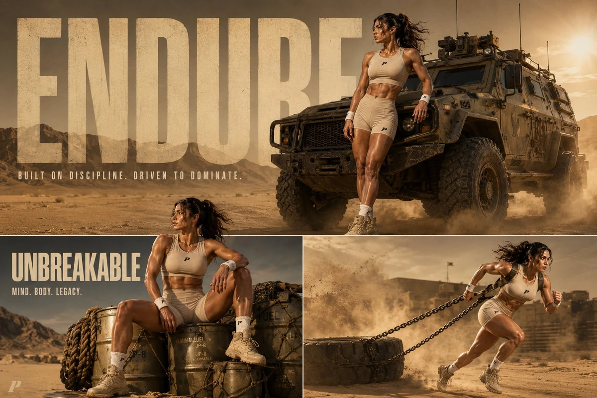 Three-panel cinematic desert tactical athlete campaign editorial set in a...