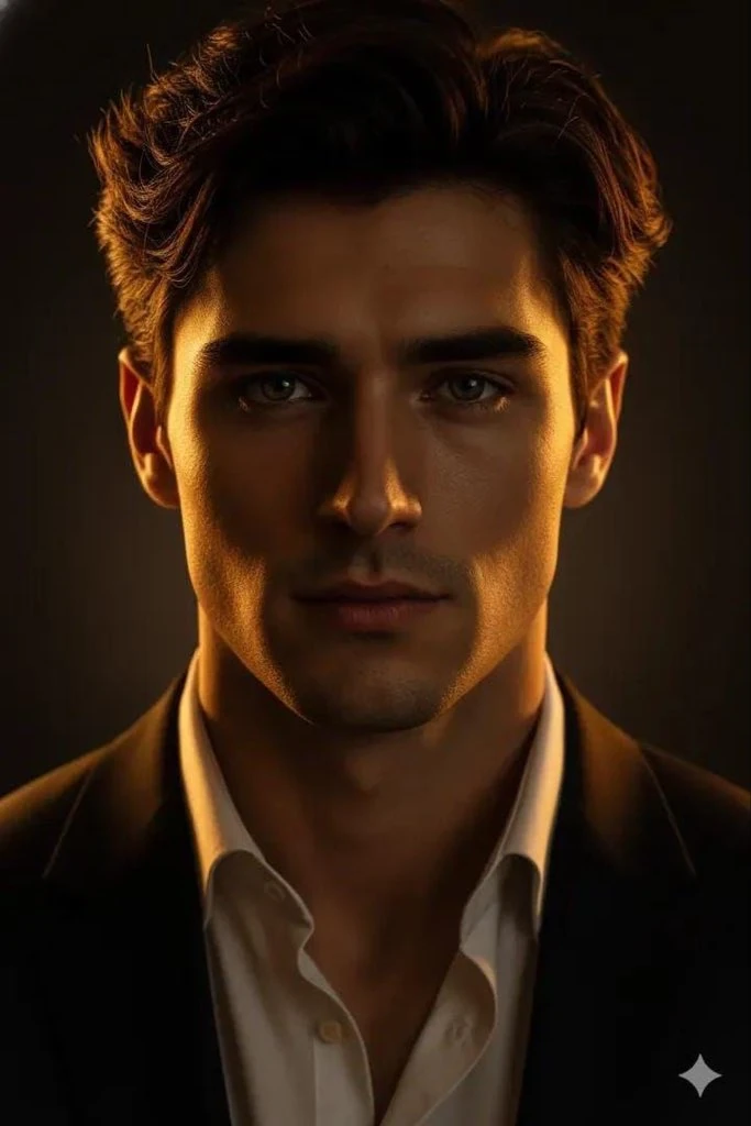 Ultra-realistic cinematic male portrait, handsome young man in a tailored...