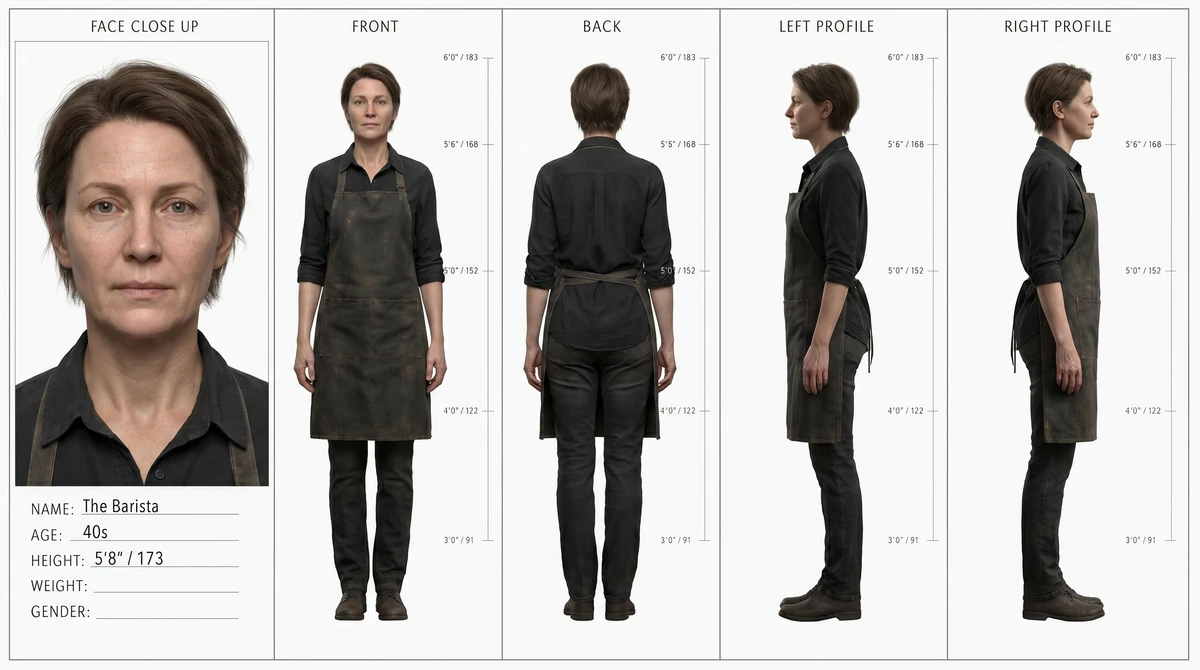 Ultra realistic character turnaround sheet of a female barista in her ear...