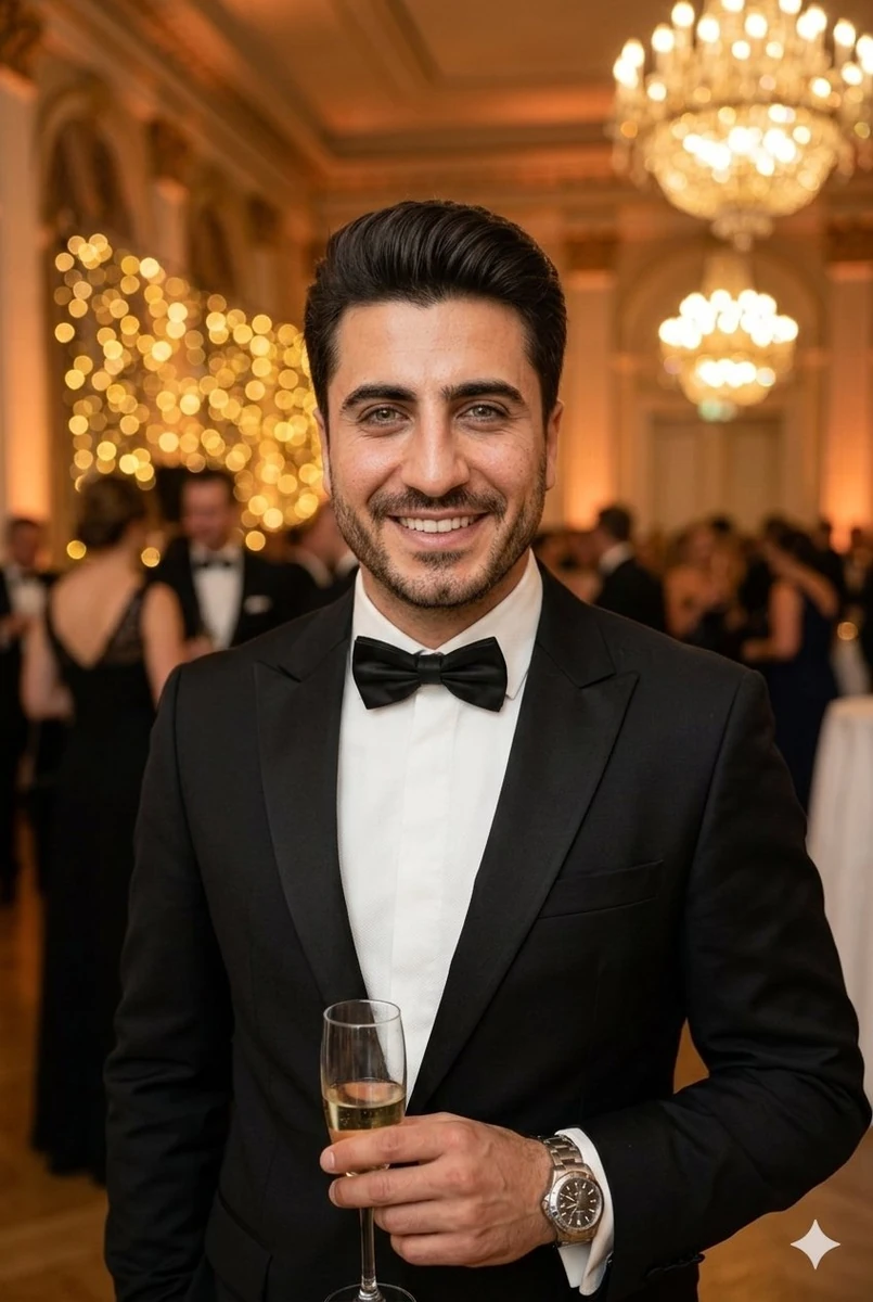 A charismatic, handsome young man in his late 20s to early 30s, Middle Ea...
