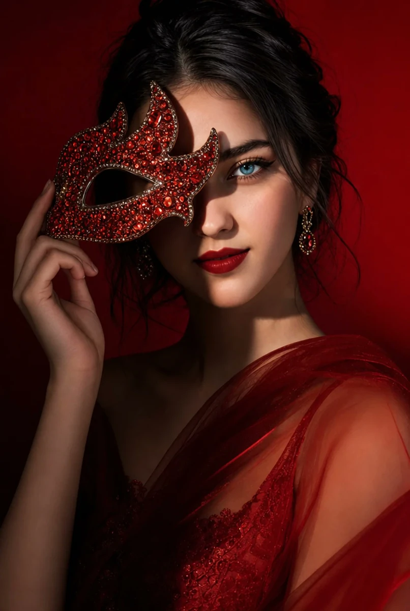 Editorial beauty portrait of a young woman holding a crystal-encrusted re...