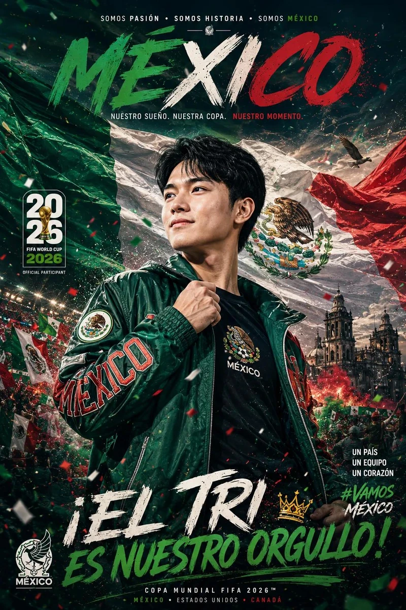 Ultra-cinematic FIFA World Cup 2026 promotional poster, proud young suppo...