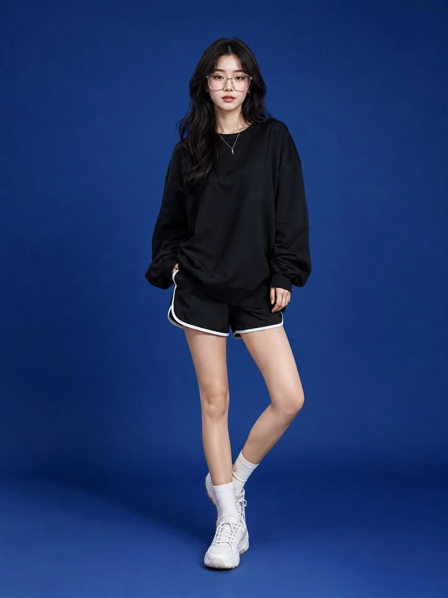 Ultra-realistic full-body fashion studio portrait of a young East Asian w...