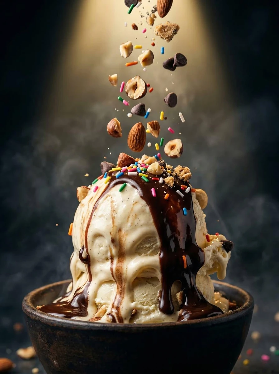 Ultra-realistic commercial food photography of a gourmet ice cream scoop...