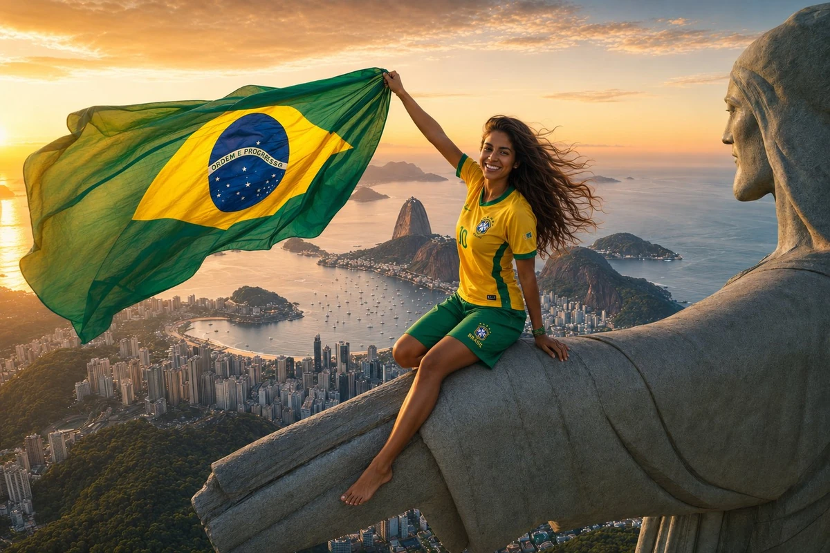 Young Brazilian football supporter with long wavy dark hair and a joyful...