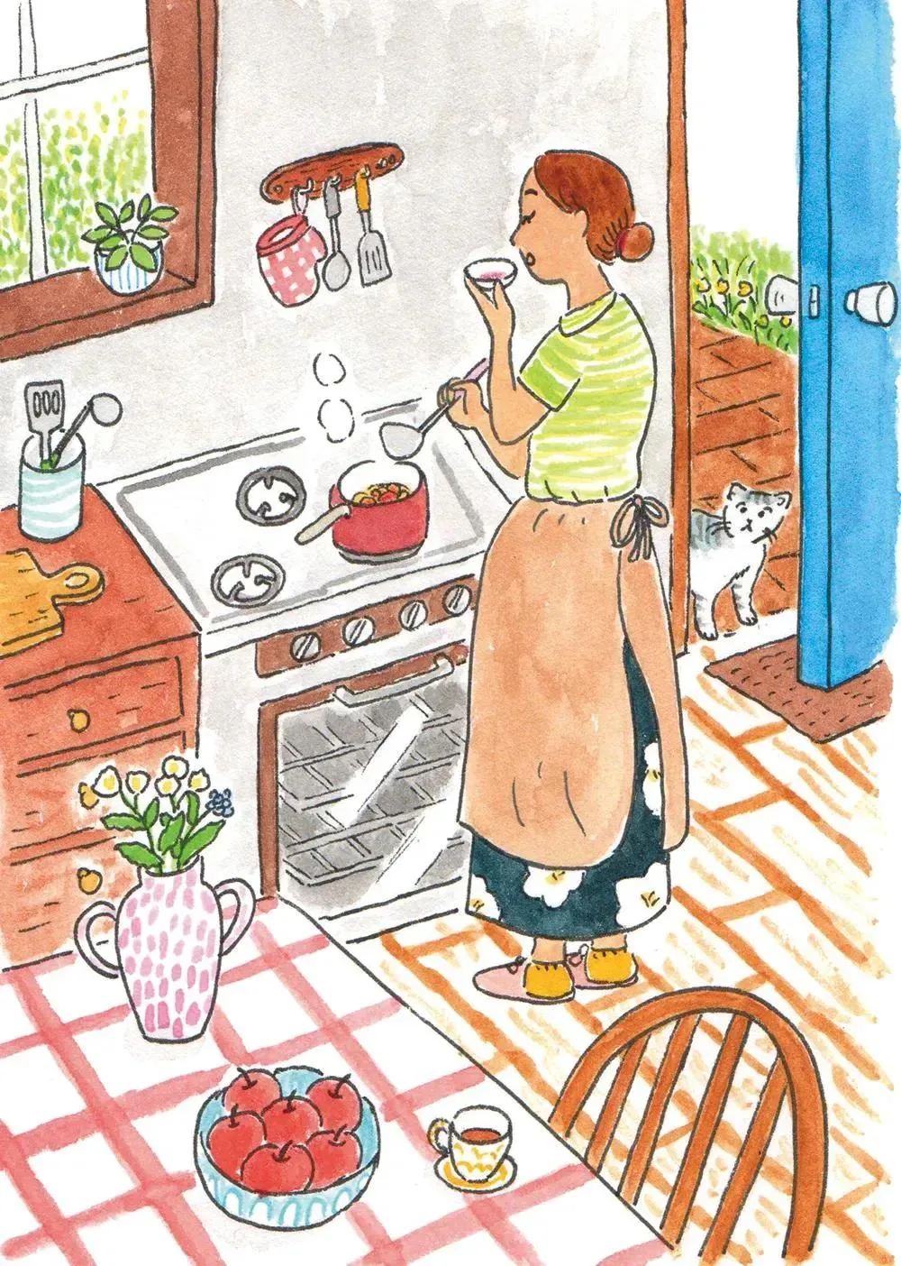 Whimsical hand-drawn watercolor and colored-pencil illustration of a peac...
