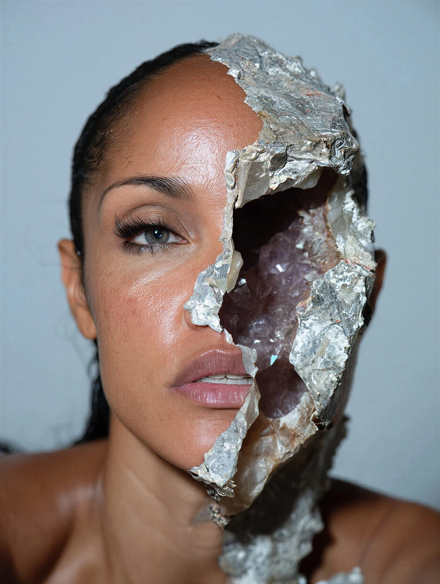 closeup 85mm portrait shot of a woman. Half of her face is chipped quartz...