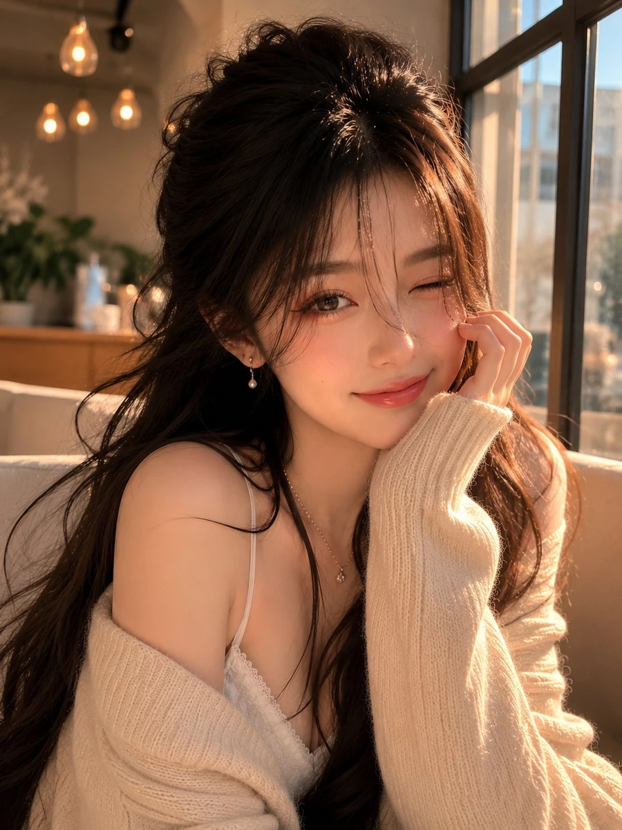 Ultra-detailed portrait of a beautiful young East Asian woman sitting ind...