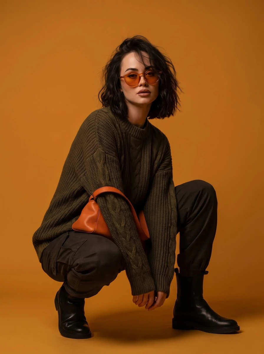 High-fashion editorial studio photoshoot of a stylish young woman with sh...