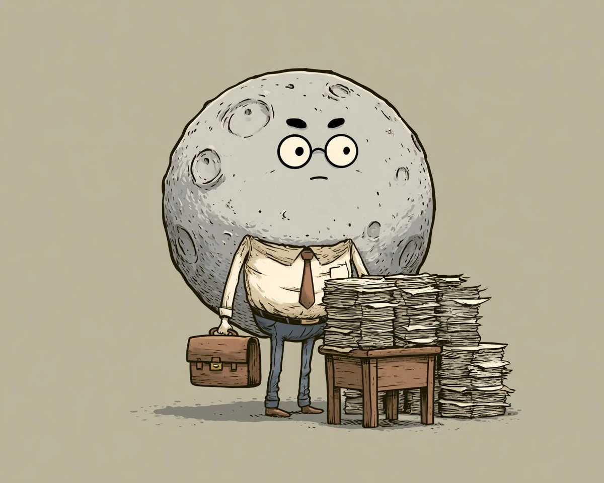 round little moon accountant with tiny spectacles, serious face, too-larg...