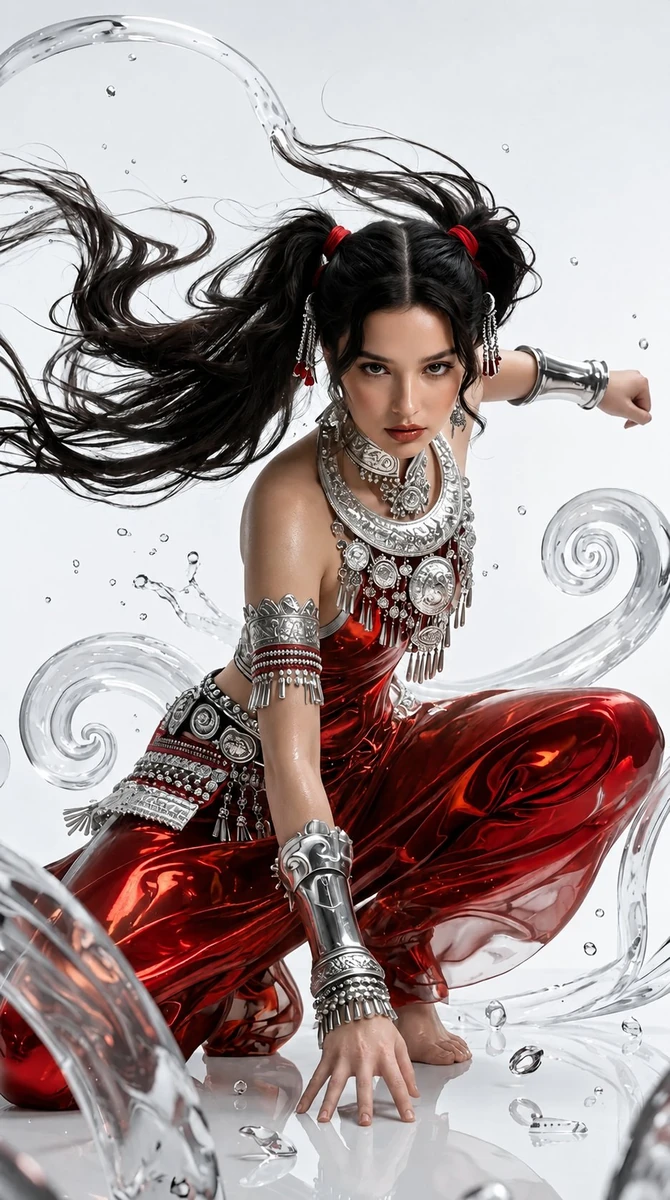 Ultra-detailed fantasy warrior girl crouching in a dynamic action pose, l...