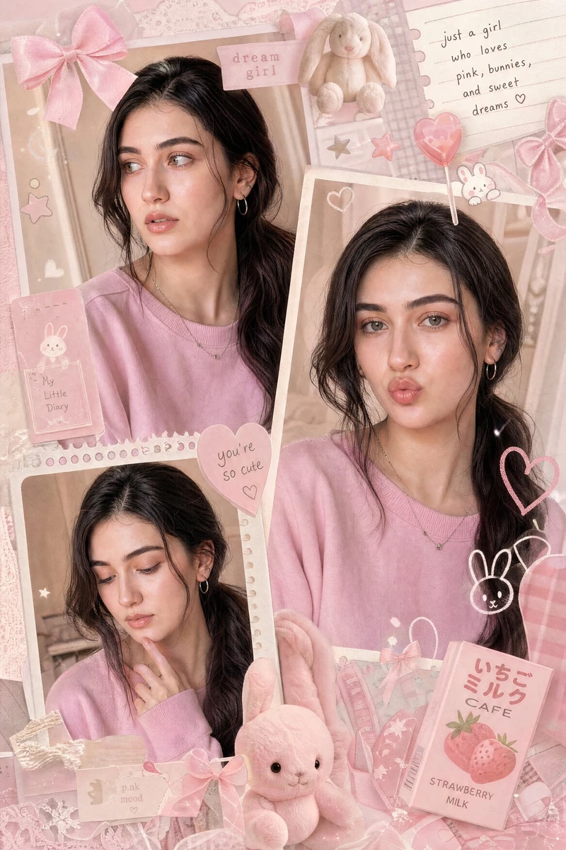 A dreamy multi-frame pastel pink aesthetic collage featuring a cute young...