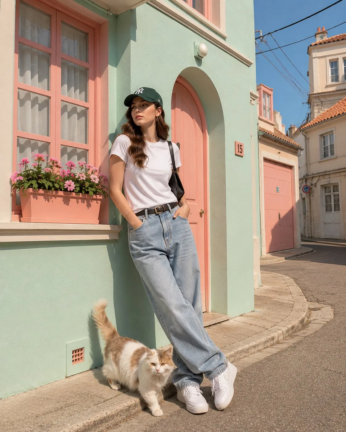 A playful pastel editorial street photograph of [HUMAN] wearing [CLOTHING...