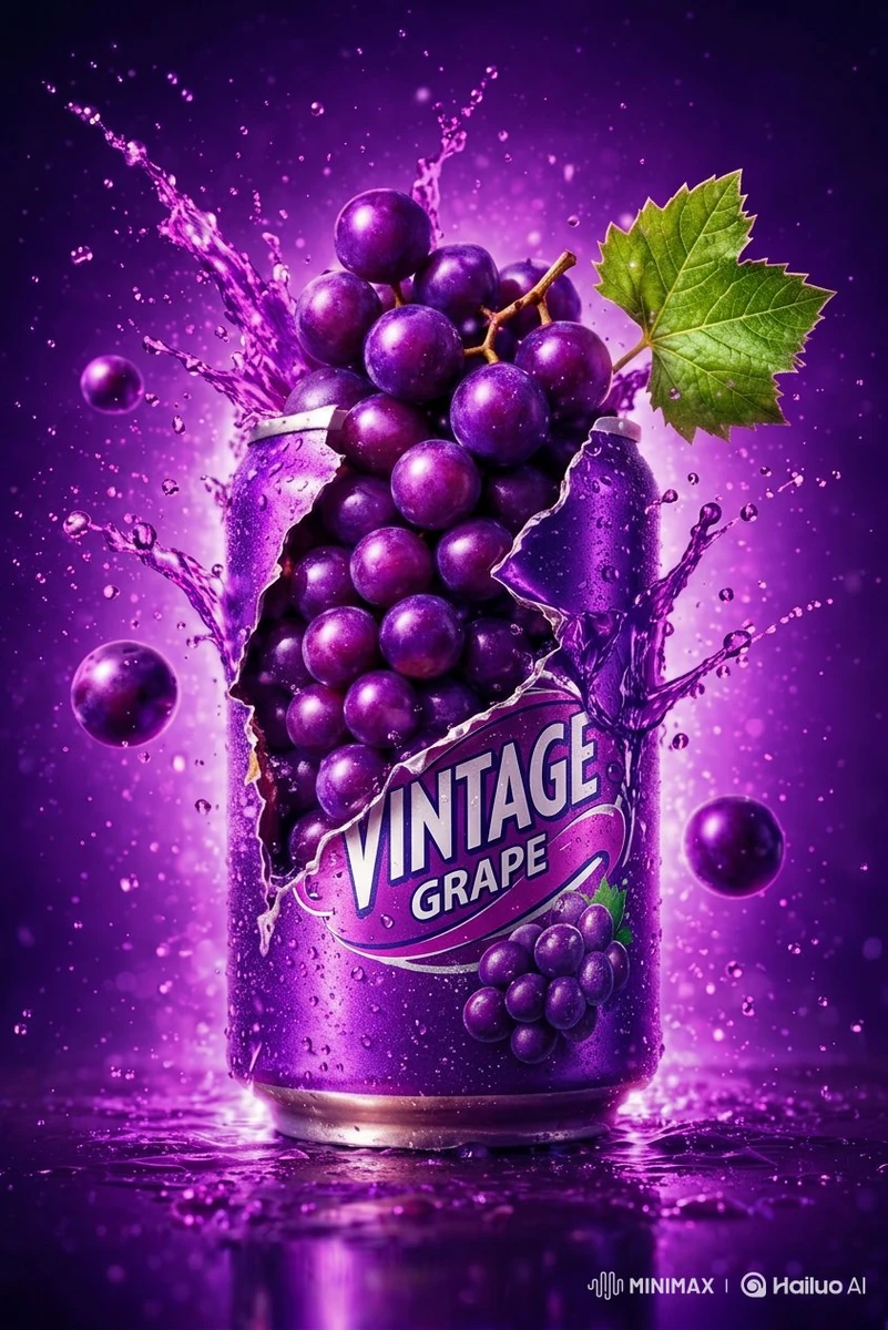 High-energy commercial product photography of a purple soda can bursting...