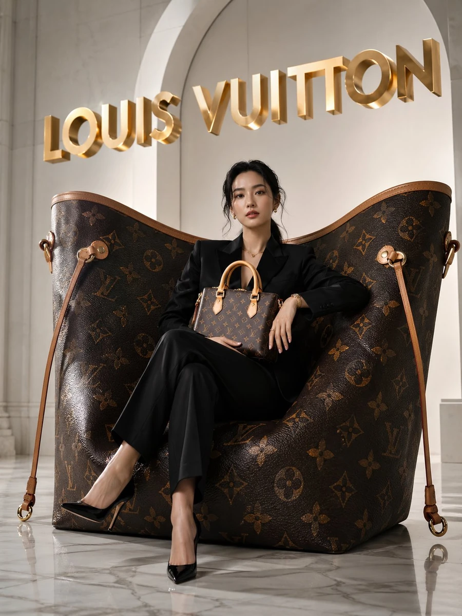 A breathtaking avant-garde luxury fashion campaign photograph for Louis V...