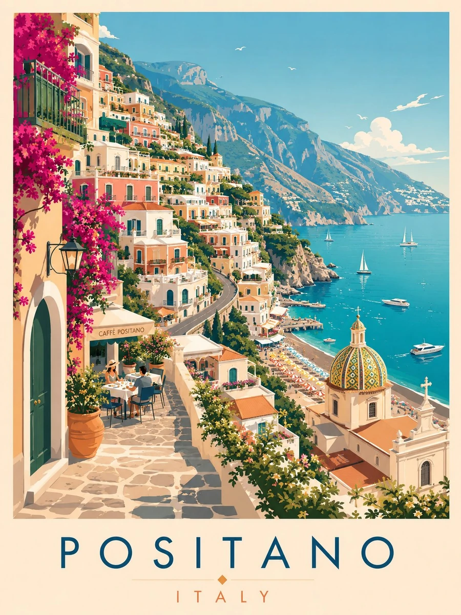 A detailed vintage watercolor travel-poster illustration of Positano, Ita...