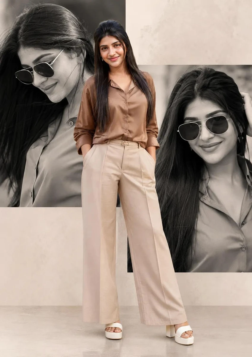 Ultra-realistic collage portrait of a stylish young Indian woman, brown s...