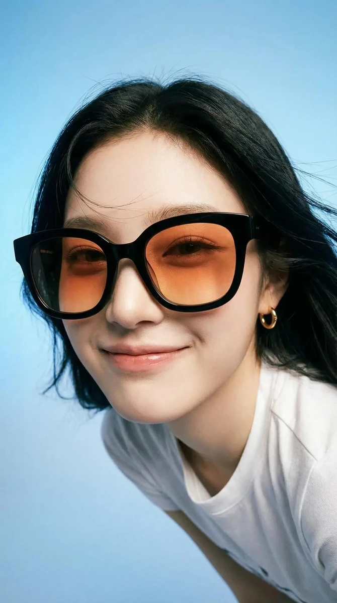 Photorealistic editorial portrait of a smiling woman using the exact same...