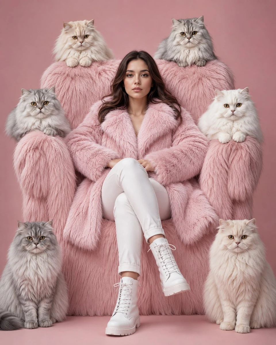 A luxury fashion editorial portrait of a confident young woman seated ele...