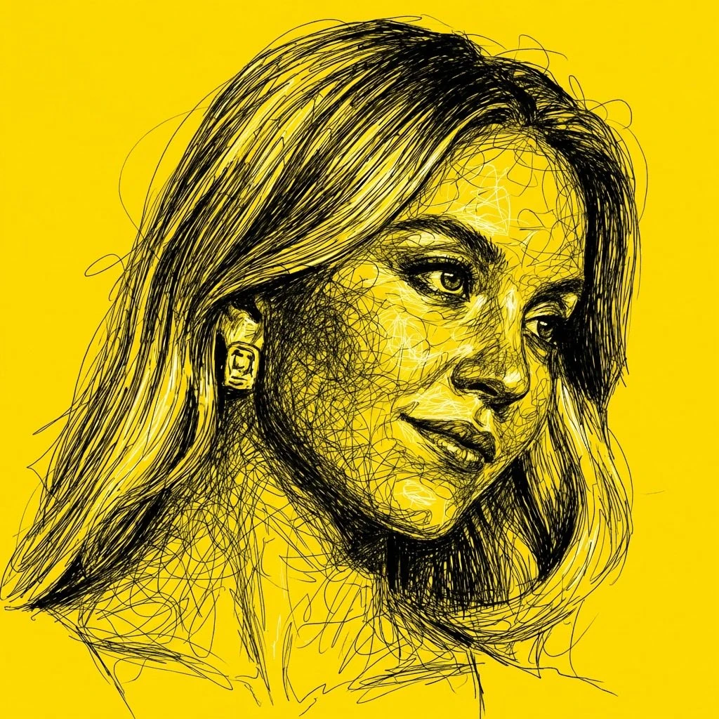 A high-contrast scribble art portrait black lines on a solid yellow backg...