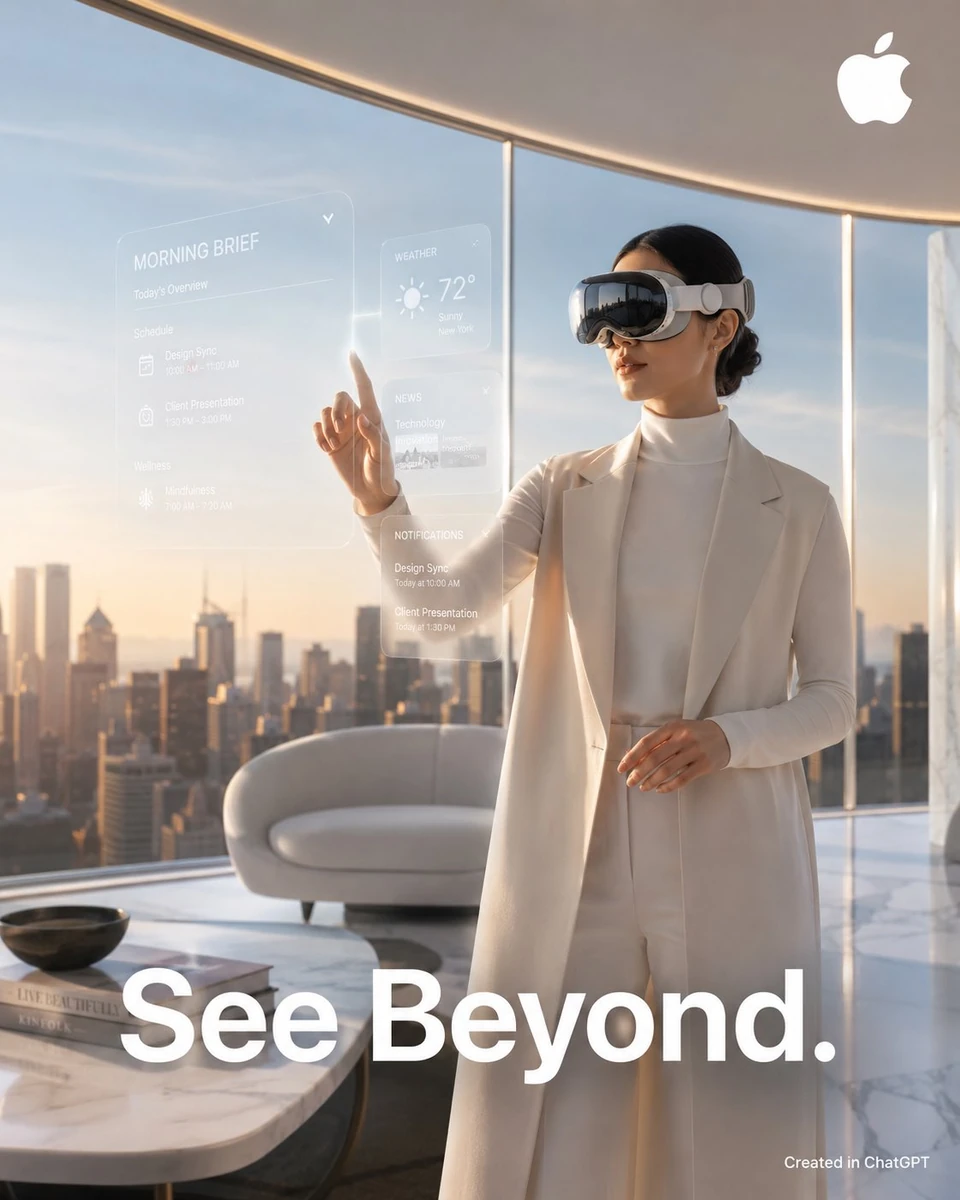 Photorealistic luxury commercial advertisement for Apple Vision Pro, ultr...