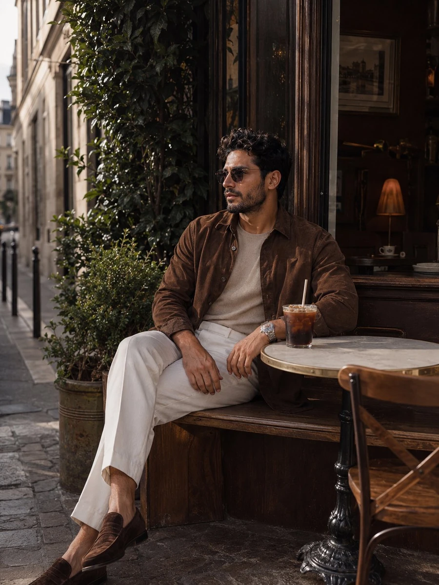 A stylish man sitting outside a modern European-style café on a quiet cit...