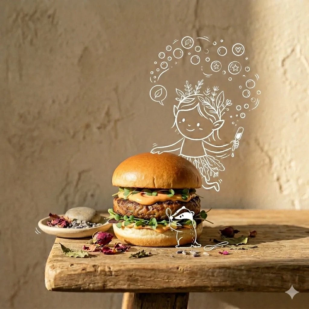 Minimal earthy food product photography of a gourmet burger placed on a r...