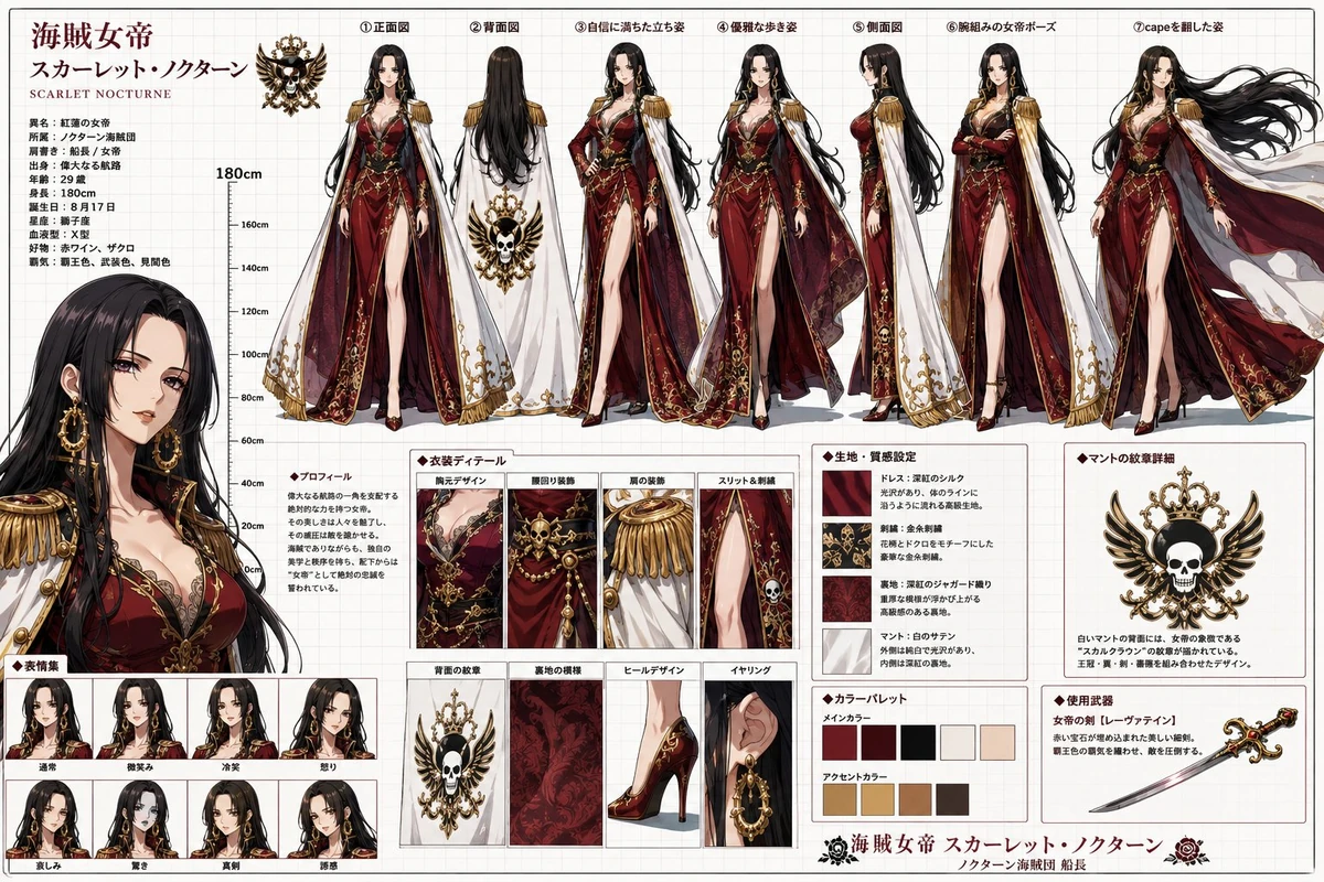 Professional anime character design sheet of a regal dark-haired empress...