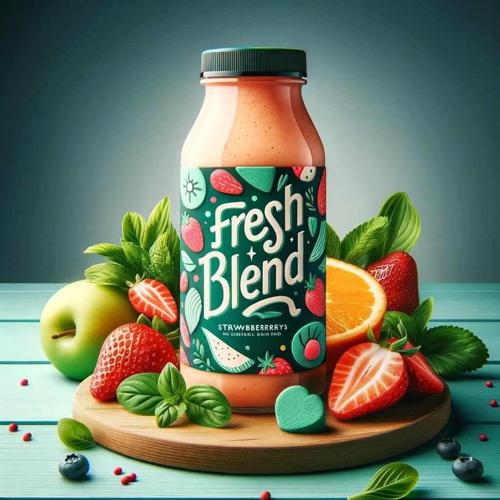 A professional product photo of a colorful smoothie bottle with strawberr...