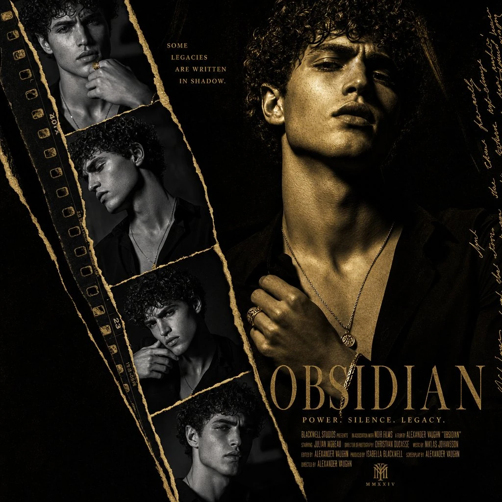 Design a high-end cinematic collage poster using torn diagonal film strip...
