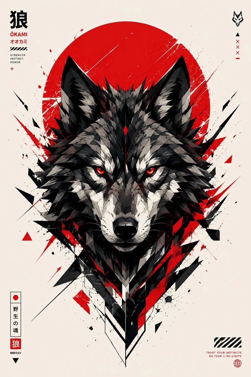Ultra-aggressive geometric wolf head illustration centered in a minimalis...