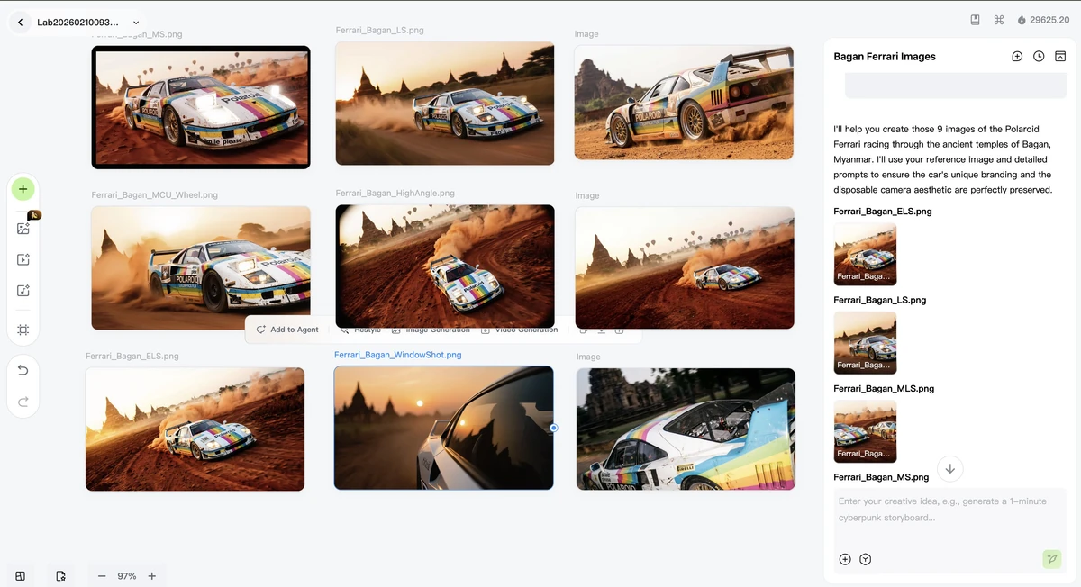 Can you create (9) images for this exact car in Bagan, Myanman. Use https...