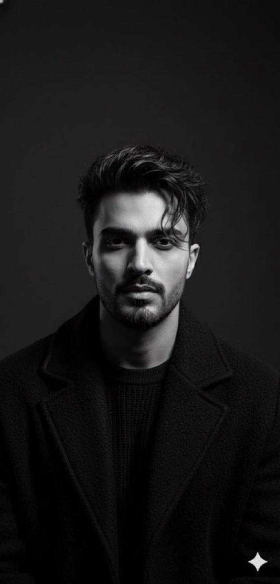 A high-contrast black and white studio portrait focusing on the head and...