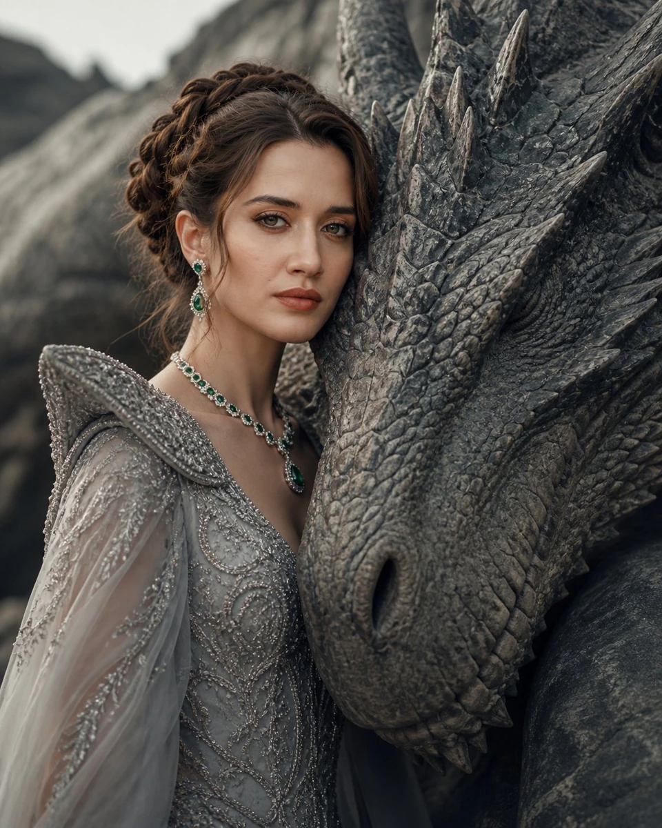 Luxury fashion editorial portrait of a woman standing beside a majestic d...