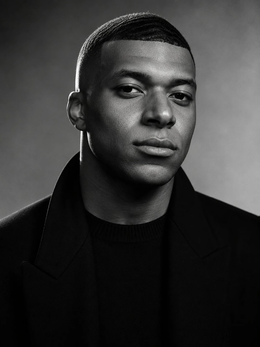 Ultra-realistic cinematic black-and-white portrait of a confident, world-...