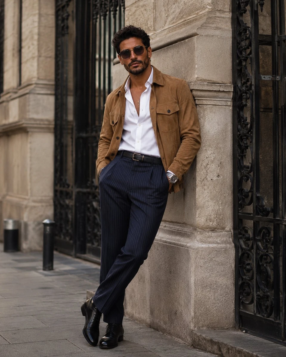 Ultra-realistic men’s fashion editorial portrait, full-body shot of a sty...