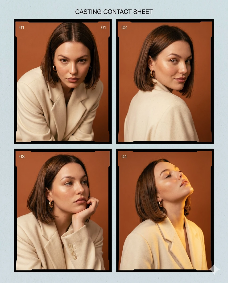 Luxury fashion casting contact sheet of a woman with glossy chestnut-brow...