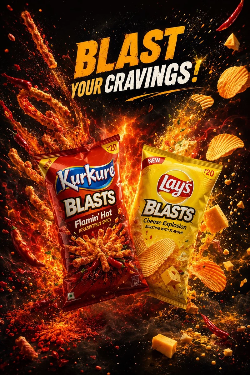 Ultra-premium snack advertising poster featuring Kurkure Blasts and Lay’s...