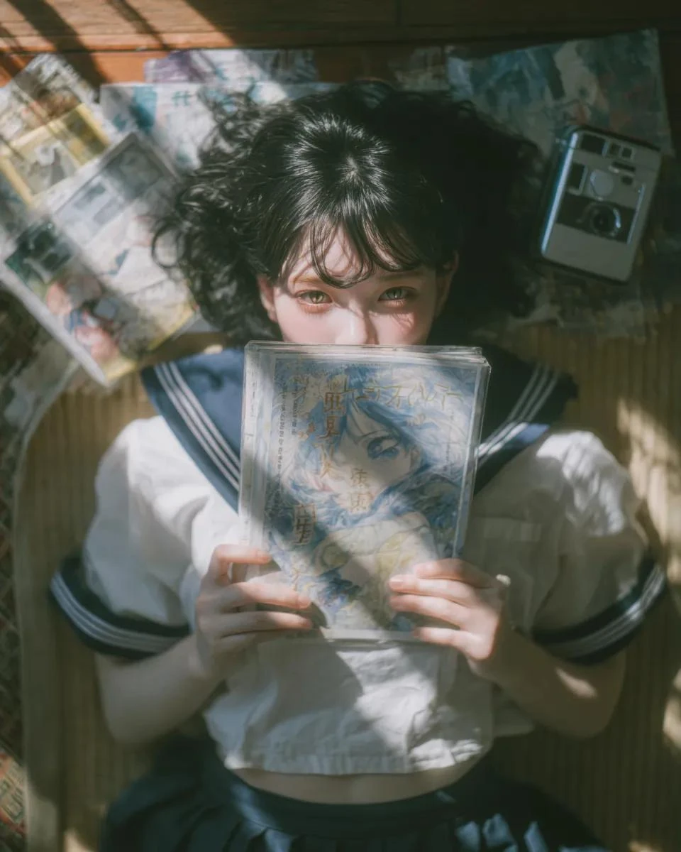 A Japanese teenage girl wearing a white sailor school uniform with a navy...