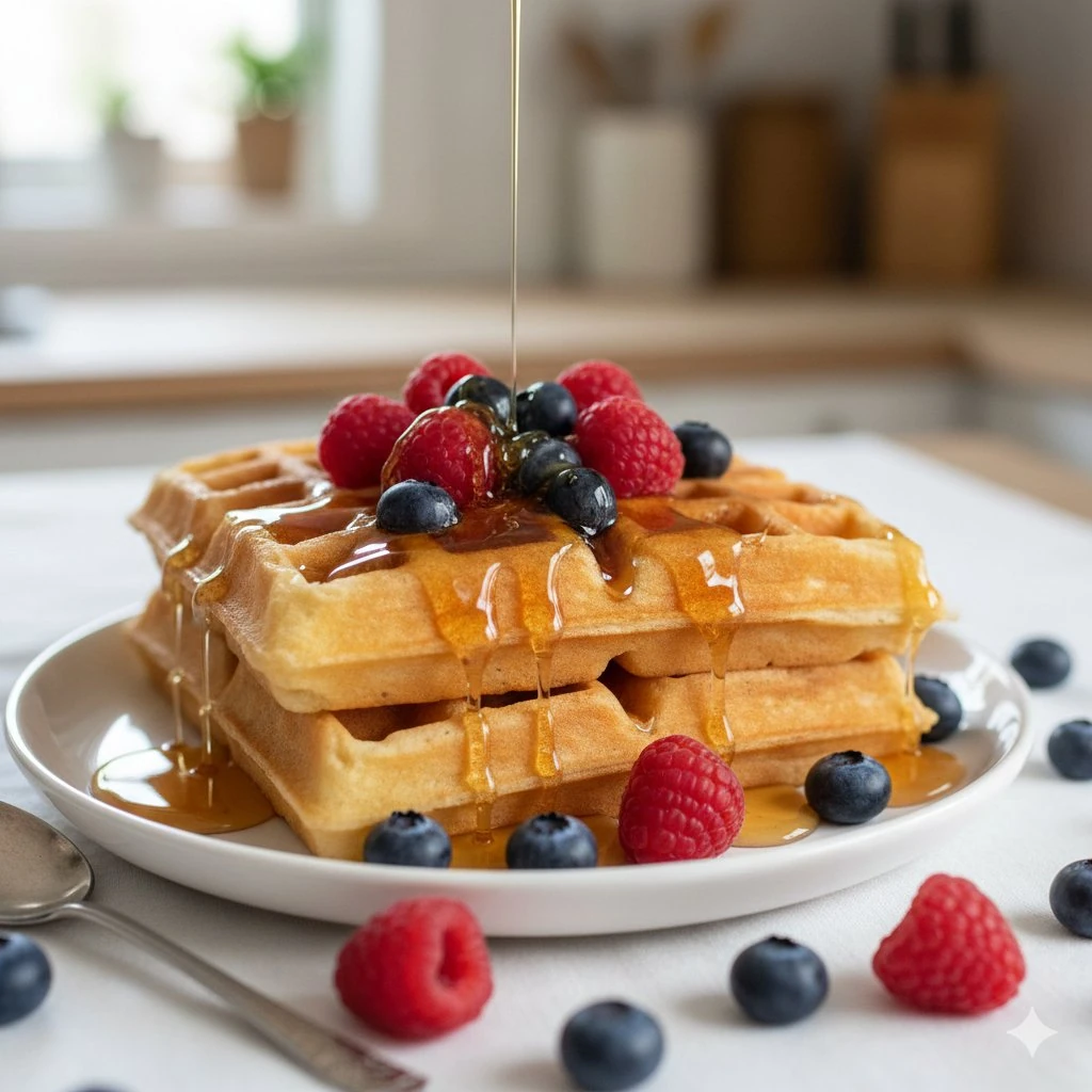 Eye-level food image,two golden Belgian waffles on a plump white plate,to...
