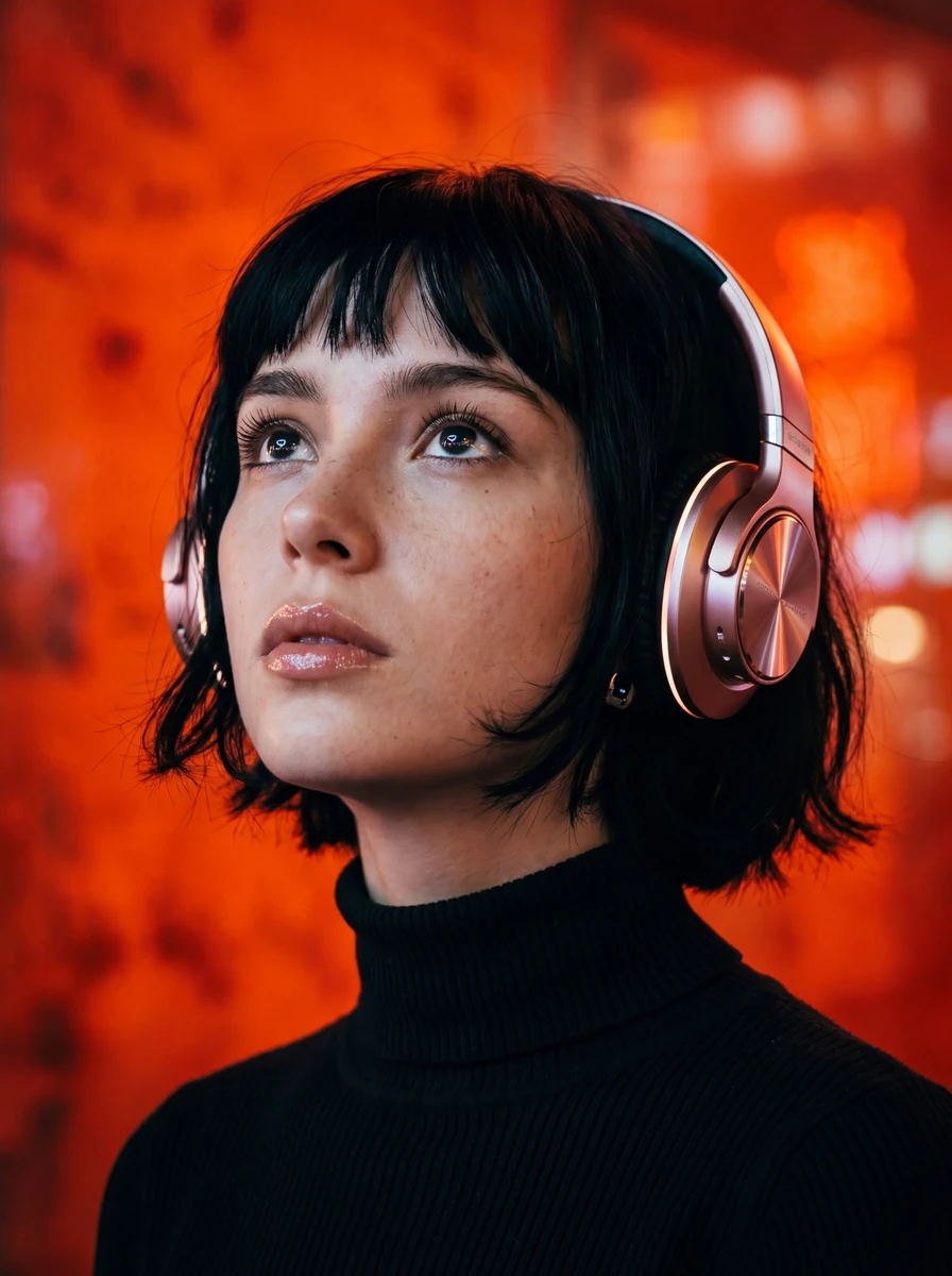 Portrait of a young woman with short black bob haircut, intense and sligh...