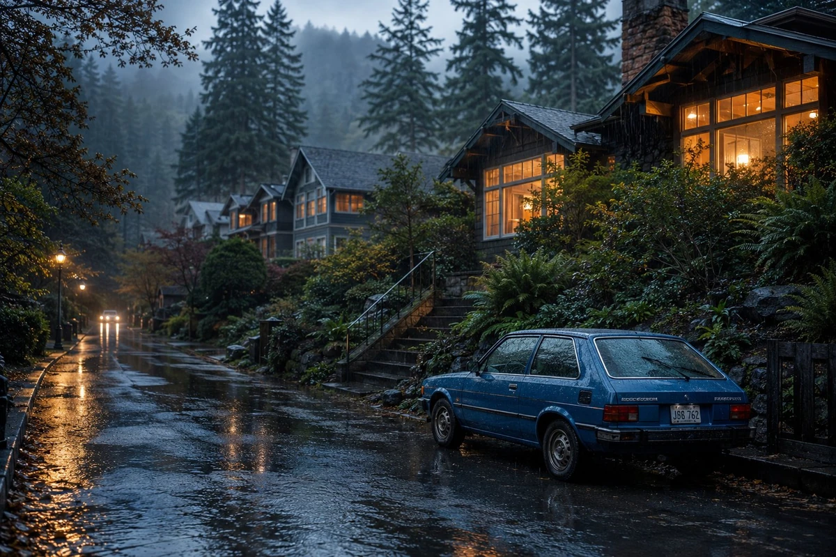 A cinematic rainy suburban street in a lush forested hillside neighborhoo...