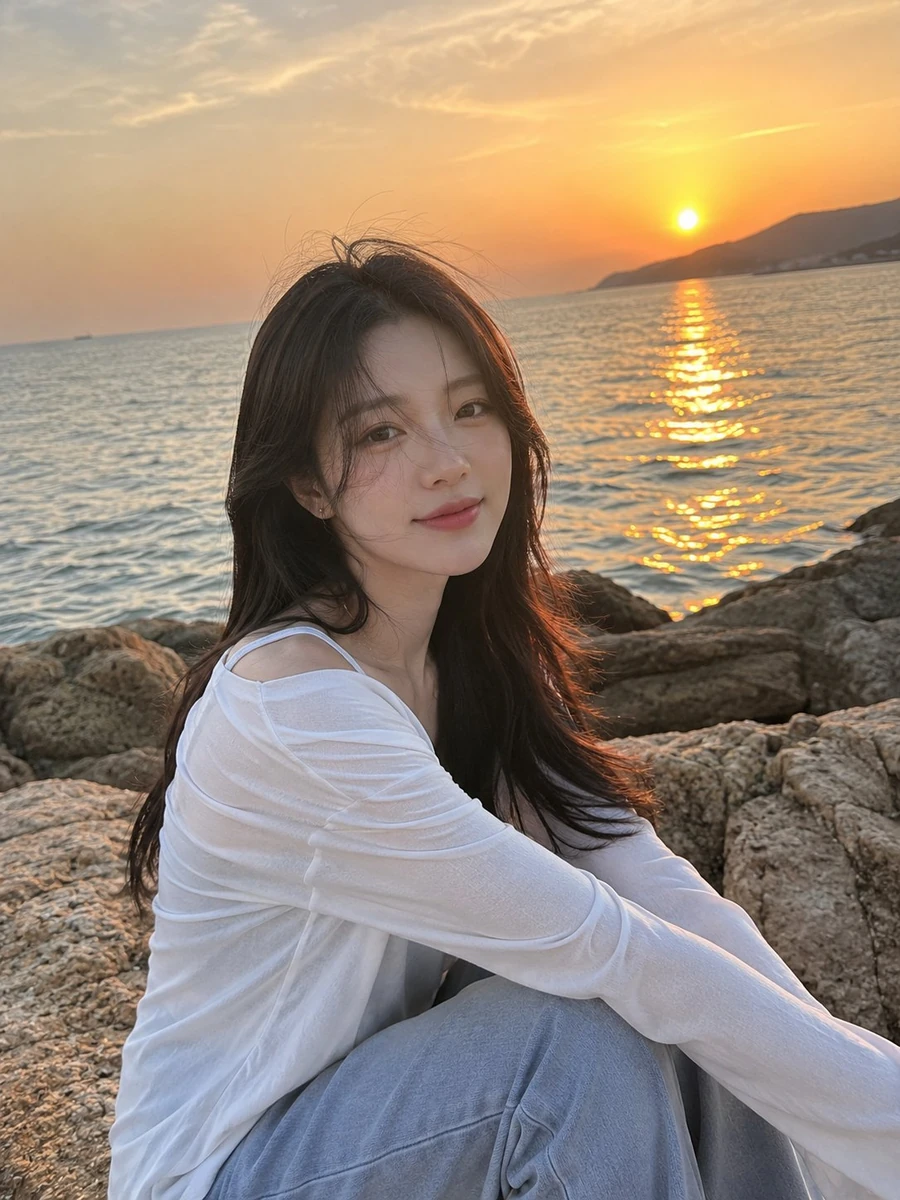 Ultra-realistic iPhone photograph taken by the seaside during sunset. A h...