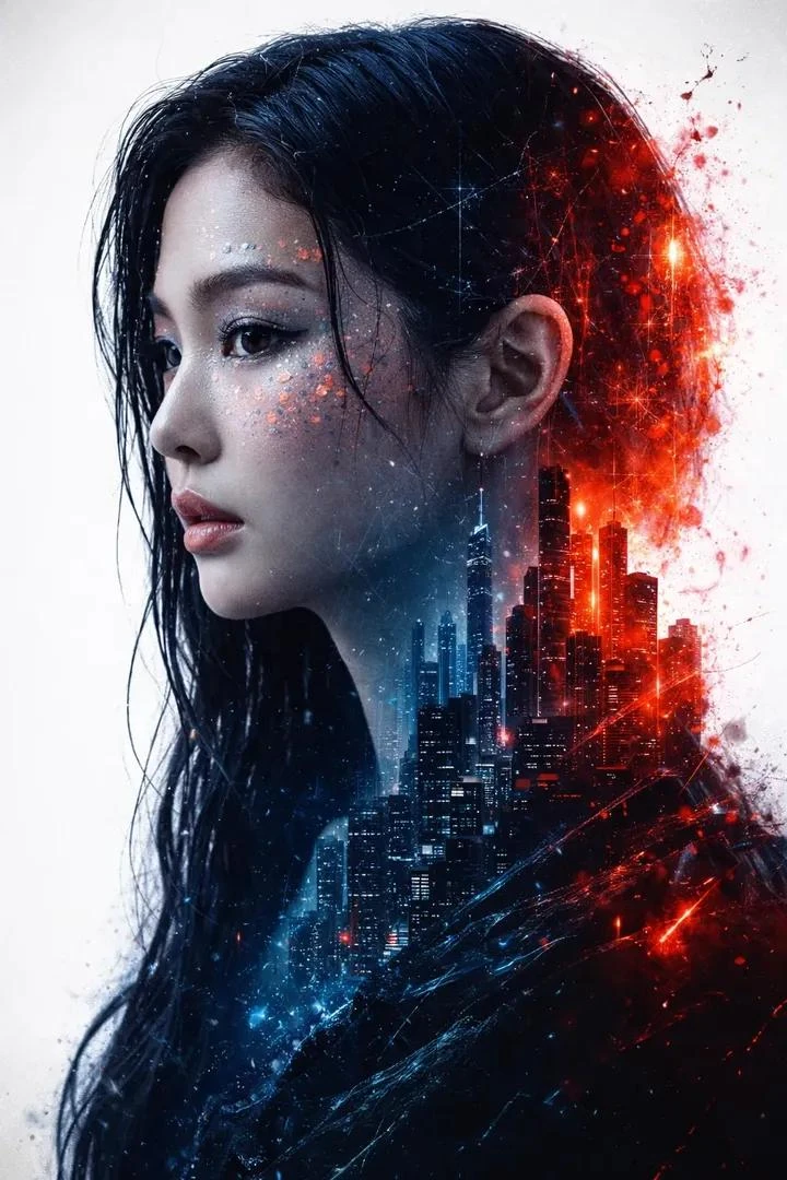 A hyper-realistic cinematic double exposure portrait of a young man in si...