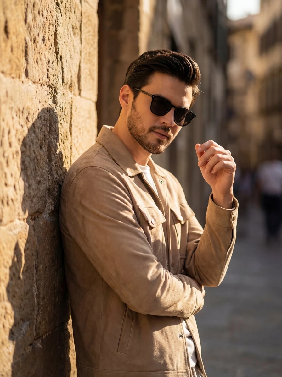 A cinematic golden hour portrait of a stylish man leaning against a textu...