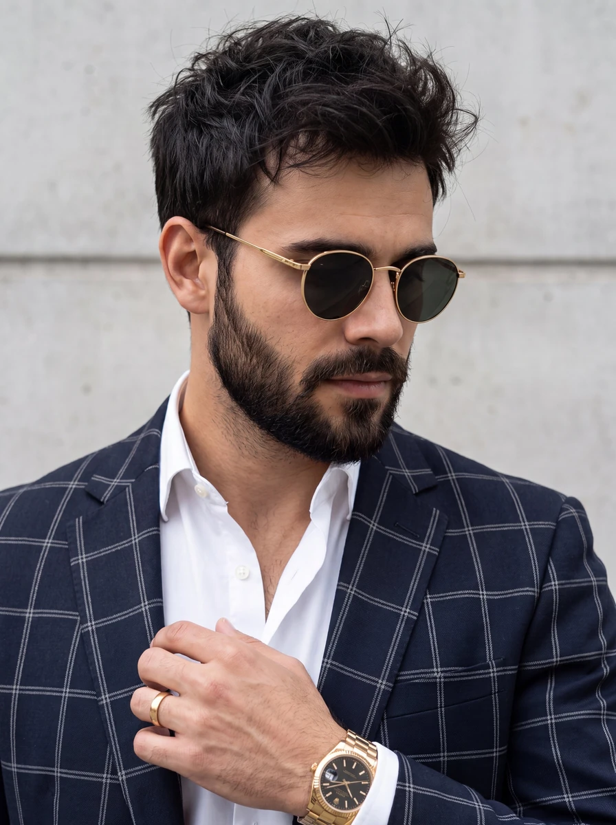 A close-up portrait of a stylish man with a well-groomed beard and dark m...