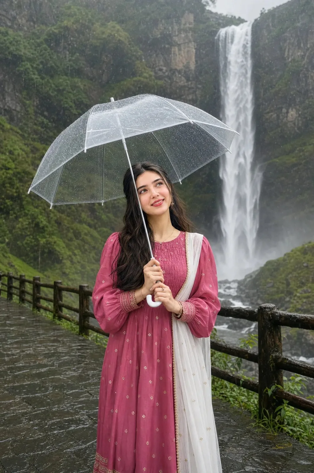 Photorealistic portrait of a beautiful young woman walking on a wet stone...