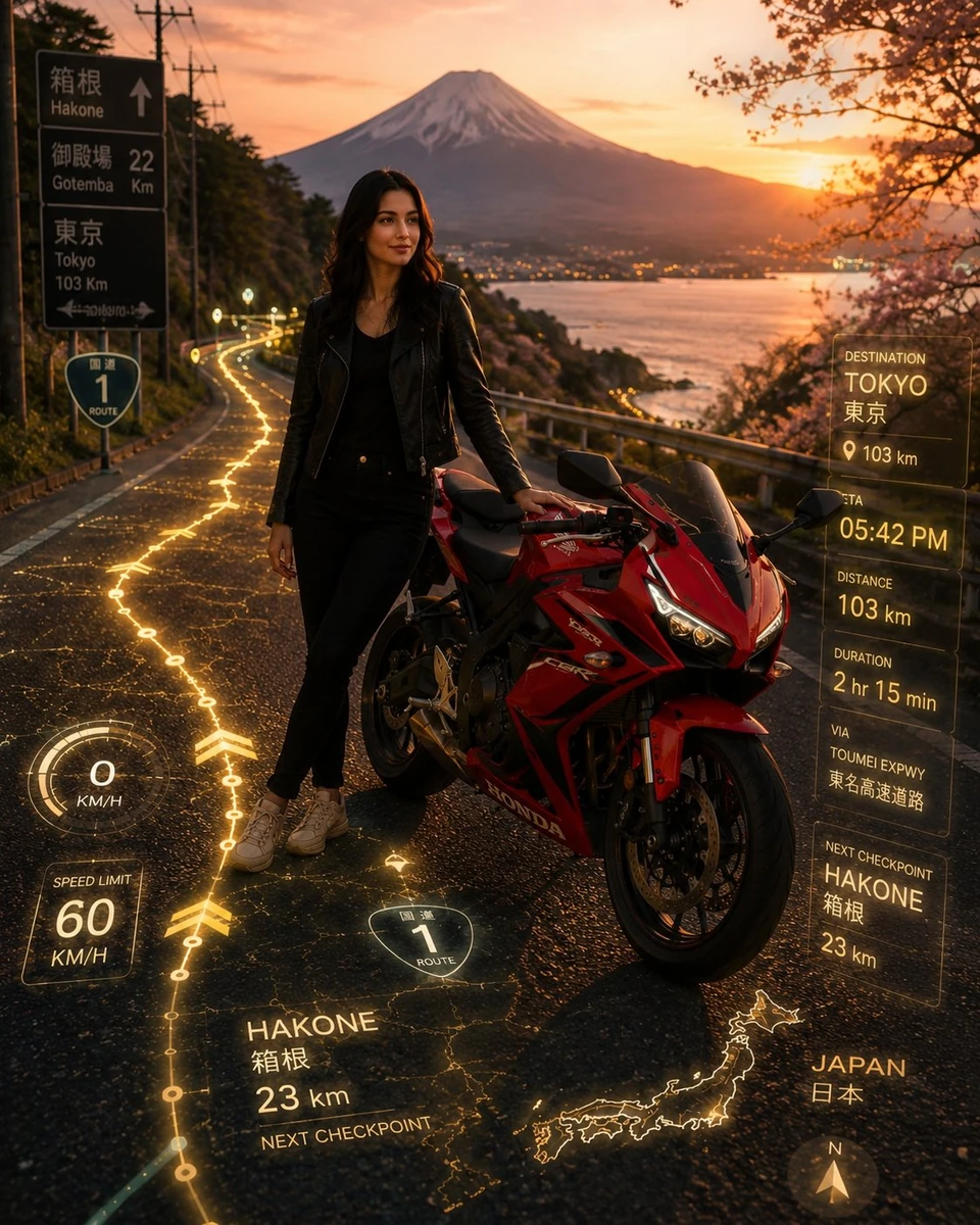 Transform my uploaded red sports bike photo into a cinematic adventure tr...