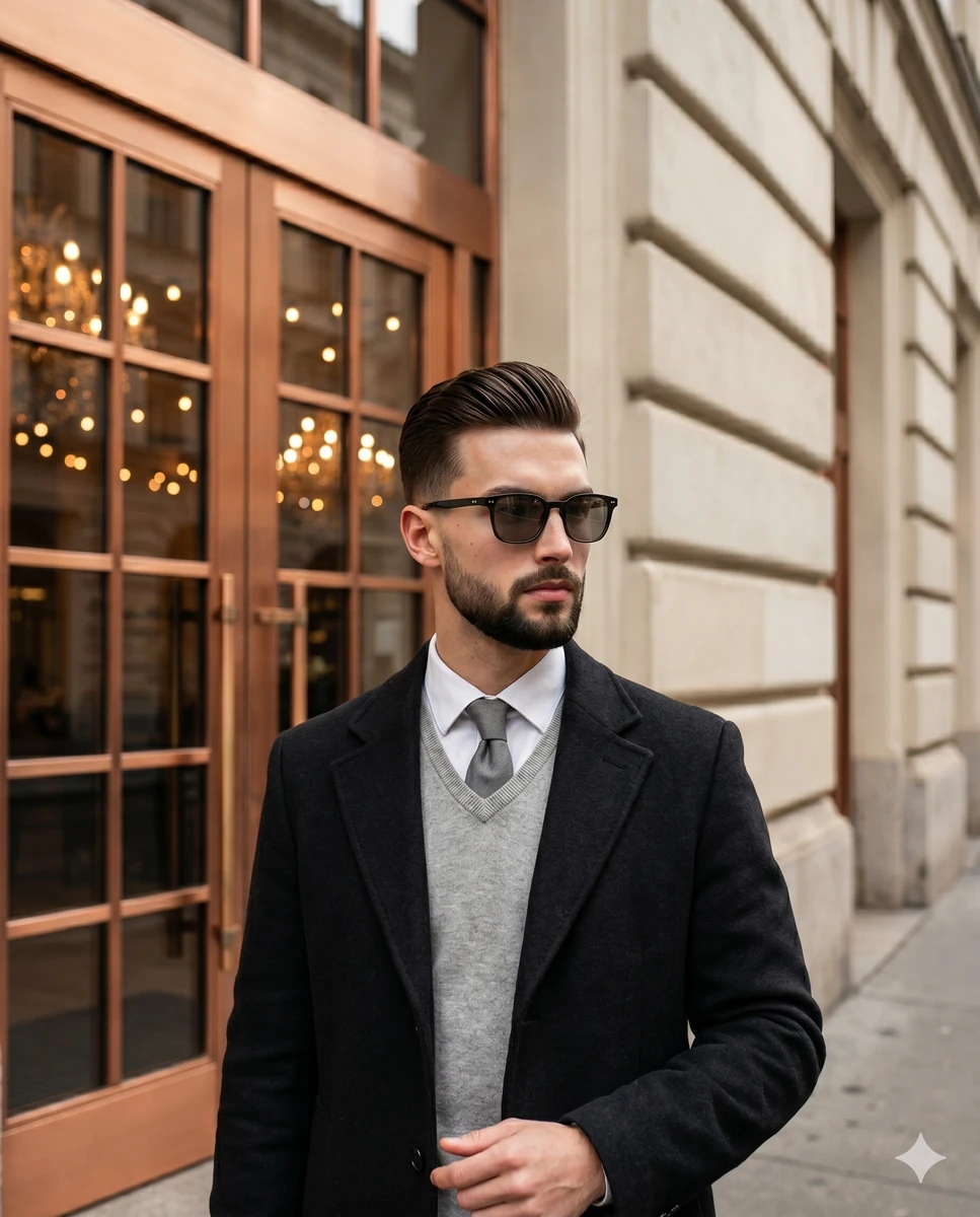 A young adult male stands confidently in a polished, affluent urban stree...