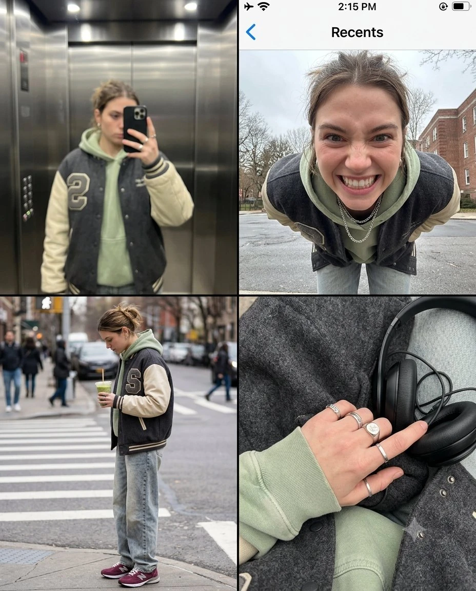 A premium smartphone camera roll collage featuring [HUMAN] wearing an ove...